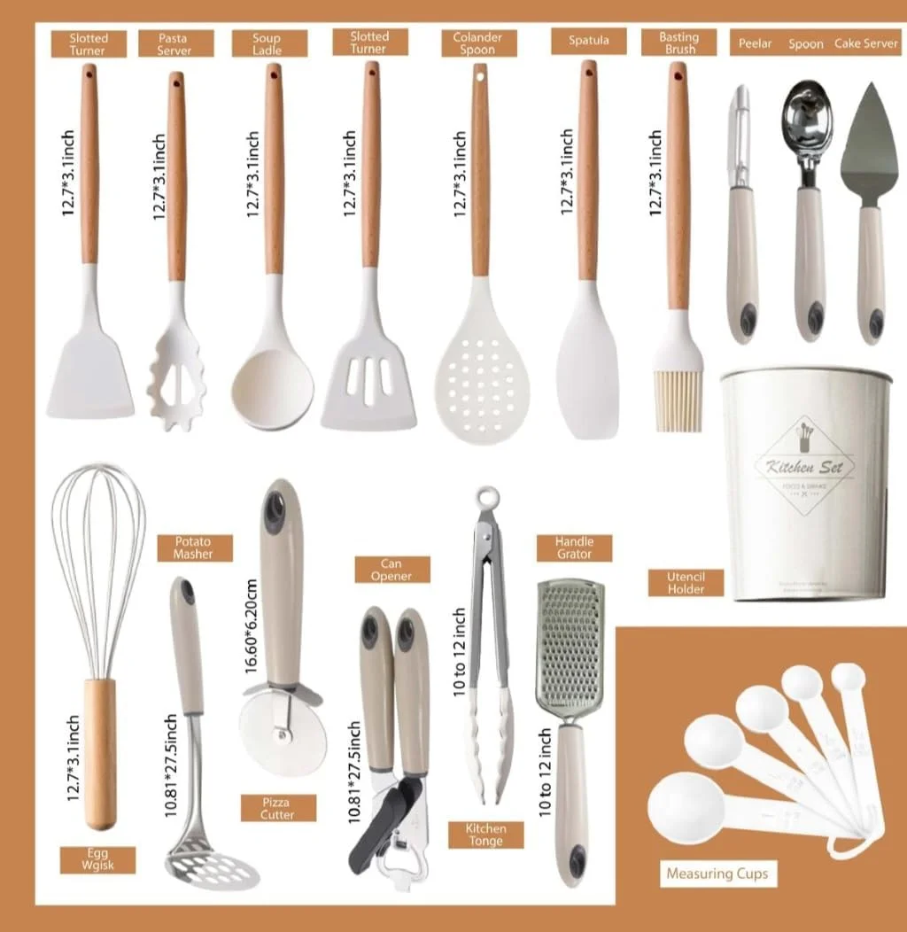 ست ۲۲ پارچه لوازم آشپزخانه سیلیکونی با کیفیت عالی DRAWERKITCH | نچسب، مقاوم در برابر حرارت | دسته های چوبی | فاقد BPA، قابل شستشو در ماشین ظرفشویی | ایده آل برای پخت و پز ست ۲۲ پارچه لوازم آشپزخانه سیلیکونی با کیفیت عالی DRAWERKITCH | نچسب، مقاوم در برابر حرارت | دسته های چوبی | فاقد BPA، قابل شستشو در ماشین ظرفشویی | ایده آل برای پخت و پز