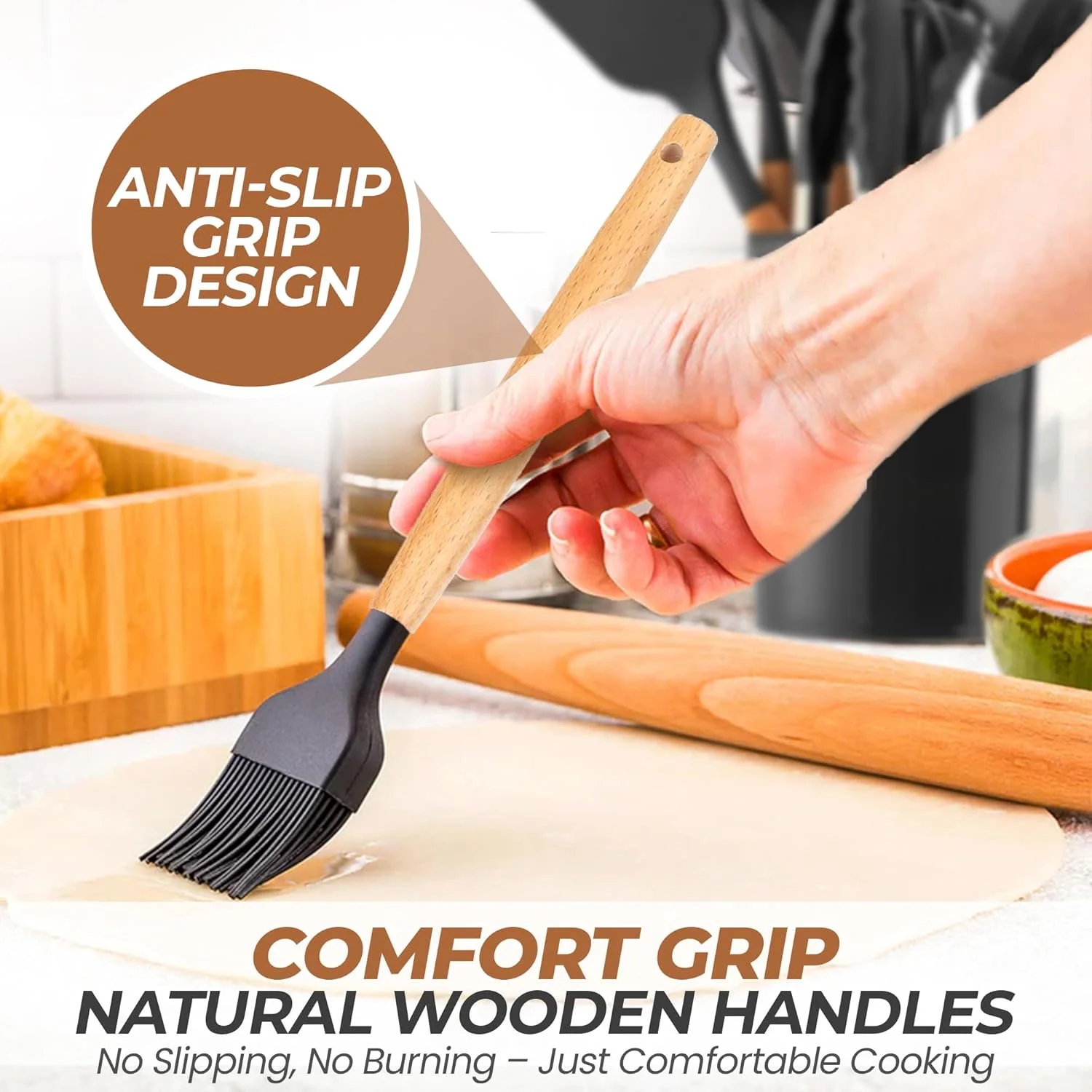 ست ابزار آشپزی سیلیکونی DeMooster – ۱۲ تکه ابزار آشپزخانه مقاوم در برابر حرارت با دسته‌های چوبی، نچسب و بدون BPA، شامل سطل نگهداری، ایده‌آل برای پخت و پز خانگی و ظروف نچسب