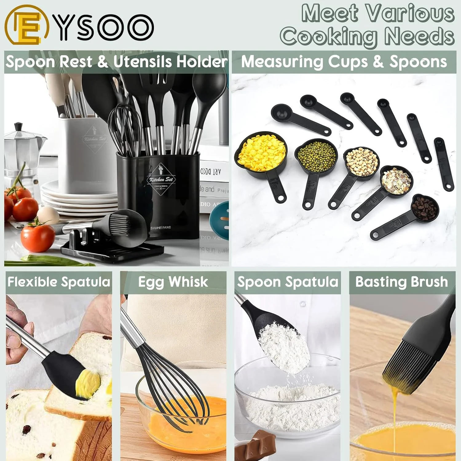 ست لوازم آشپزی ۳۴ تکه EYSOO، ابزار آشپزخانه سیلیکونی با پایه نگهدارنده، مناسب برای ظروف نچسب، مقاوم در برابر حرارت، ابزار کفگیر سیلیکونی با دسته استیل (مشکی)