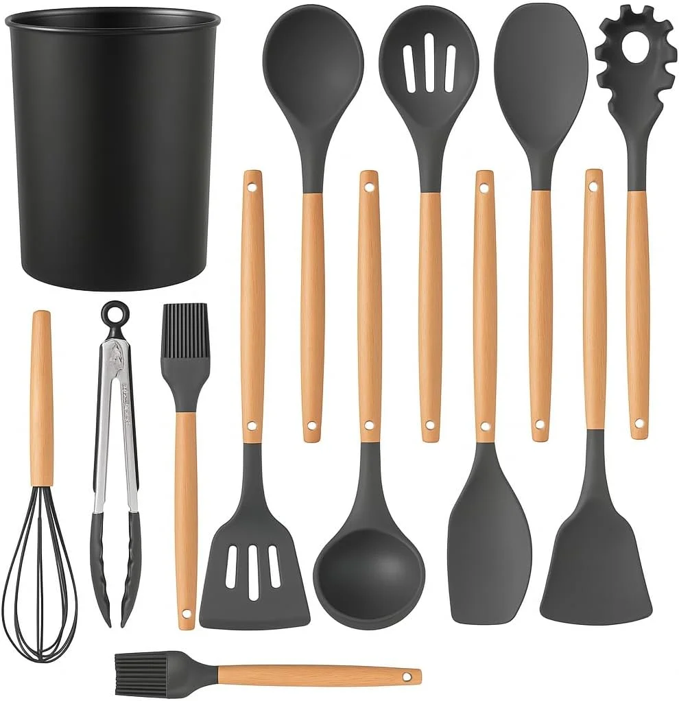 ست 12 پارچه ابزار آشپزی سیلیکونی Fitto - نچسب، مقاوم در برابر حرارت، فاقد BPA، دارای دسته چوبی برای پخت و پز، شیرینی پزی و سرخ کردن - بادوام و با قابلیت شستشوی آسان