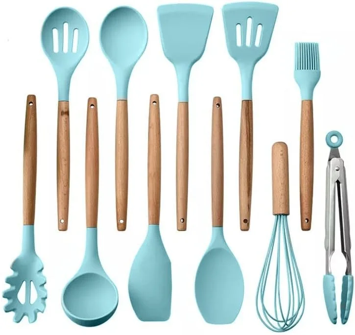 ست ۱۱ پارچه ظروف آشپزخانه سیلیکونی نچسب "FOFA" با دسته چوبی و سطل نگهداری - ست ظروف آشپزی سیلیکونی برای خلق آثار آشپزی بی دردسر (سبز) ست ۱۱ پارچه ظروف آشپزخانه سیلیکونی نچسب "FOFA" با دسته چوبی و سطل نگهداری - ست ظروف آشپزی سیلیکونی برای خلق آثار آشپزی بی دردسر (سبز)