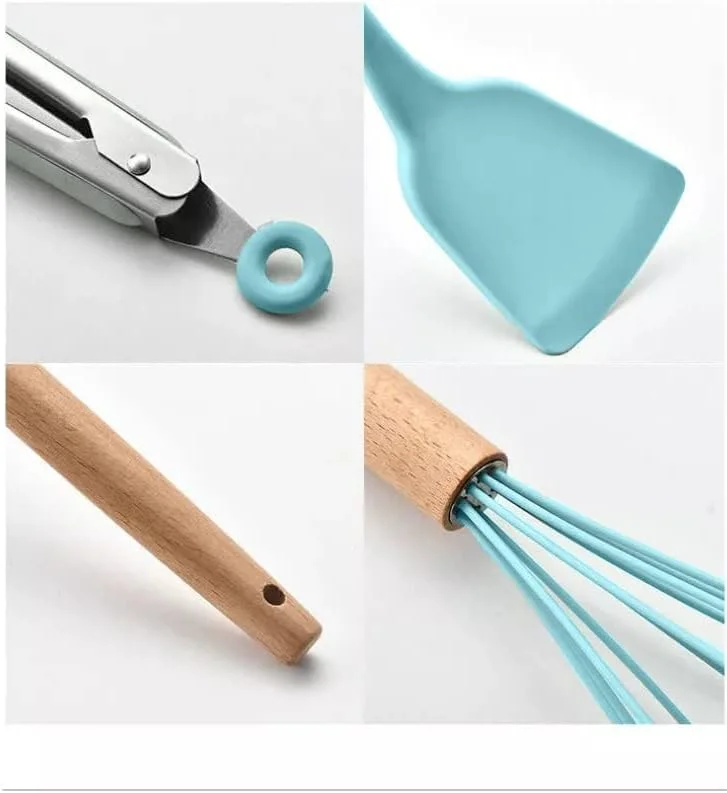 ست ۱۱ پارچه ظروف آشپزخانه سیلیکونی نچسب "FOFA" با دسته چوبی و سطل نگهداری - ست ظروف آشپزی سیلیکونی برای خلق آثار آشپزی بی دردسر (سبز) ست ۱۱ پارچه ظروف آشپزخانه سیلیکونی نچسب "FOFA" با دسته چوبی و سطل نگهداری - ست ظروف آشپزی سیلیکونی برای خلق آثار آشپزی بی دردسر (سبز)