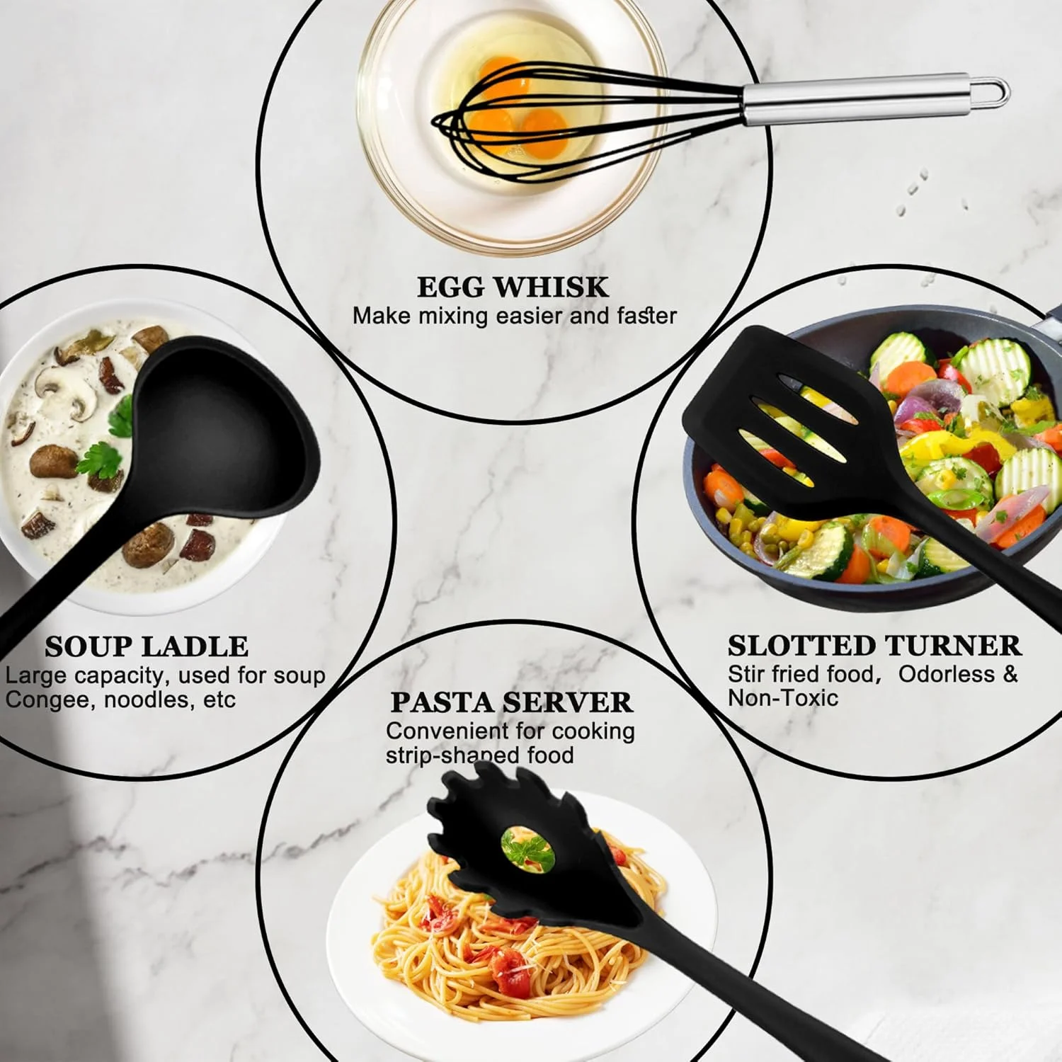 ست ۱۰ تکه لوازم آشپزی سیلیکونی E-far، ست لوازم آشپزخانه مقاوم در برابر حرارت برای ظروف نچسب، ابزار آشپزی آشپزخانه شامل کفگیر، قاشق، برگردان شیاردار، غیر سمی و قابل شستشو در ماشین ظرفشویی (مشکی)