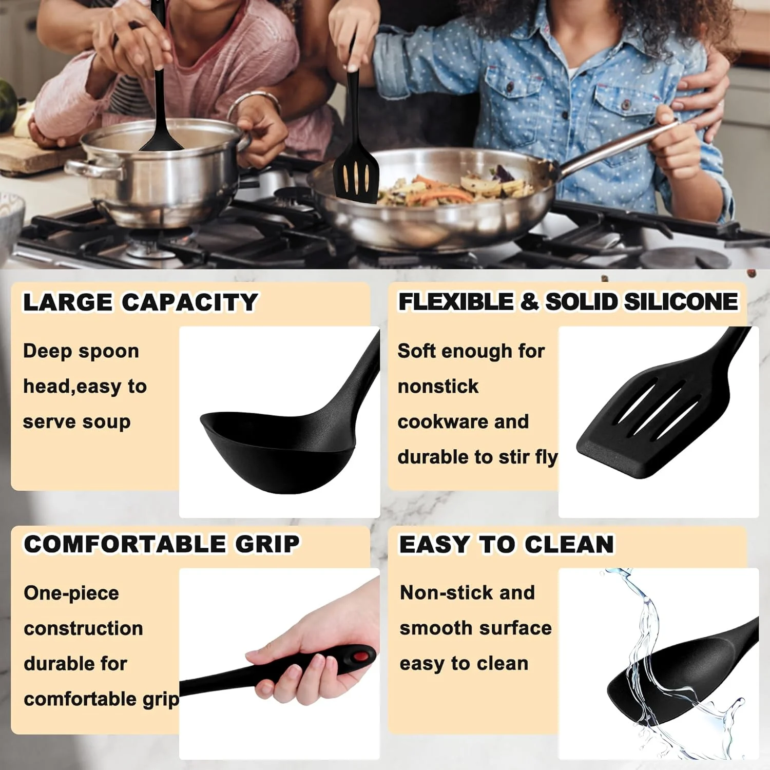 ست ۱۰ تکه لوازم آشپزی سیلیکونی E-far، ست لوازم آشپزخانه مقاوم در برابر حرارت برای ظروف نچسب، ابزار آشپزی آشپزخانه شامل کفگیر، قاشق، برگردان شیاردار، غیر سمی و قابل شستشو در ماشین ظرفشویی (مشکی)