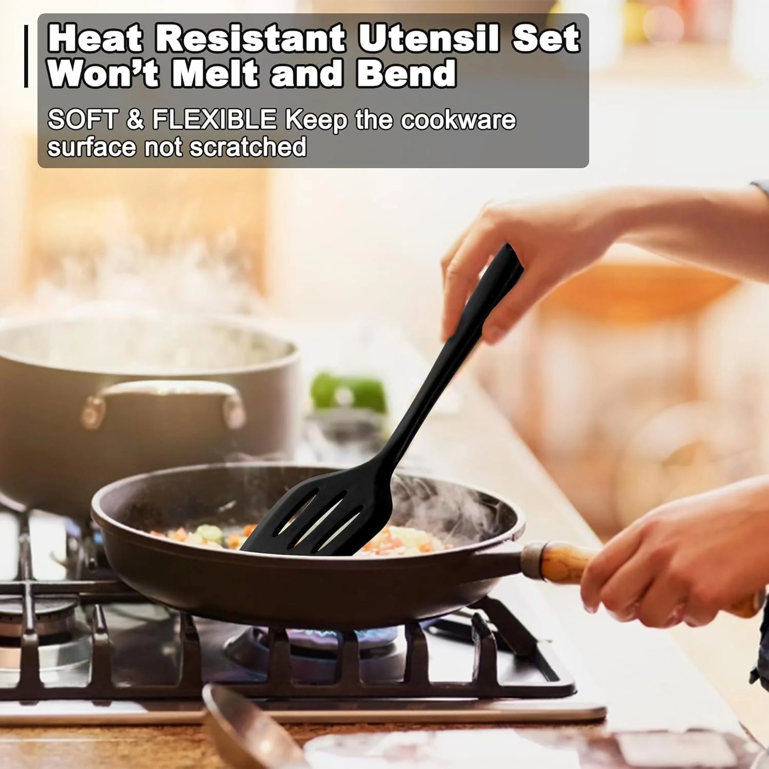 ست ۱۰ تکه لوازم آشپزی سیلیکونی E-far، ست لوازم آشپزخانه مقاوم در برابر حرارت برای ظروف نچسب، ابزار آشپزی آشپزخانه شامل کفگیر، قاشق، برگردان شیاردار، غیر سمی و قابل شستشو در ماشین ظرفشویی (مشکی)