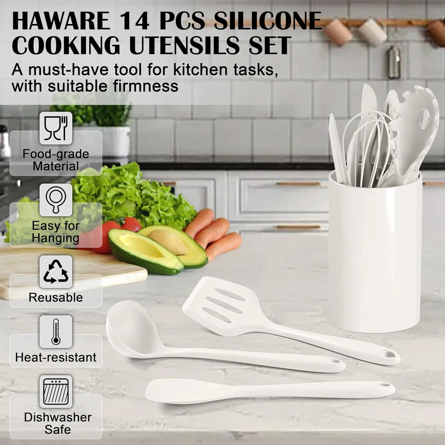 ست لوازم آشپزی سیلیکونی هاور، 14 تکه، مقاوم در برابر حرارت، مناسب برای ظروف نچسب، ابزار آشپزخانه شامل قاشق، کفگیر، همزن، قابل شستشو در ماشین ظرفشویی (سفید) ست لوازم آشپزی سیلیکونی هاور، 14 تکه، مقاوم در برابر حرارت، مناسب برای ظروف نچسب، ابزار آشپزخانه شامل قاشق، کفگیر، همزن، قابل شستشو در ماشین ظرفشویی (سفید)