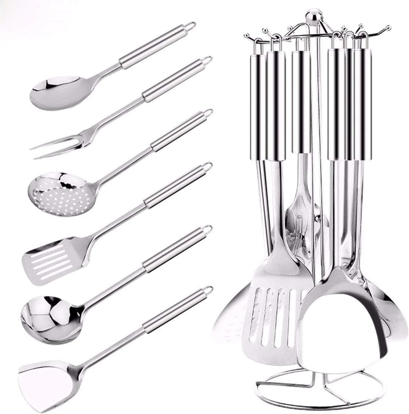 ست ۷ تکه ابزار آشپزخانه چند منظوره استیل ضد زنگ با پایه نگهدارنده، هدیه ای برای آشپزی