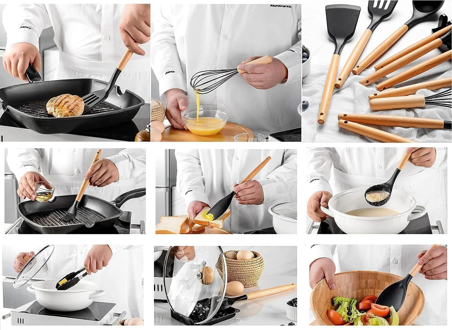 ست ابزار آشپزی سیلیکونی – ابزار پخت و پز مقاوم در برابر حرارت با دسته چوبی (12 تکه) و نگهدارنده – نچسب، بدون BPA – مشکی ست ابزار آشپزی سیلیکونی – ابزار پخت و پز مقاوم در برابر حرارت با دسته چوبی (12 تکه) و نگهدارنده – نچسب، بدون BPA – مشکی