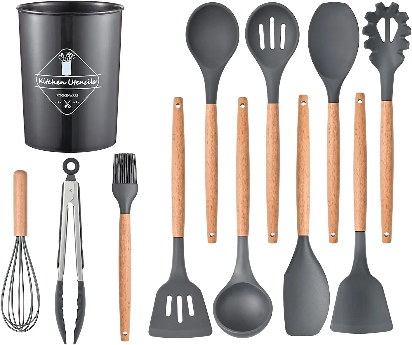 ست 12 تکه لوازم آشپزی سیلیکونی AWH ICVKRJ - مقاوم در برابر حرارت 230 درجه سانتیگراد، شامل کفگیر، انبر، لیسک، قاشق، برس، همزن، دسته چوبی خاکستری به همراه استند برای ظروف نچسب