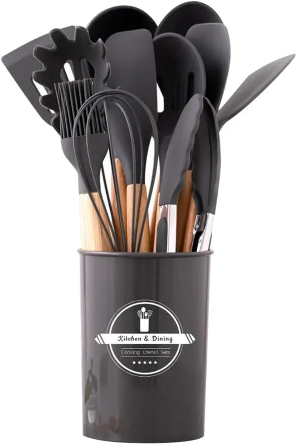 ست 12 تکه لوازم آشپزی سیلیکونی مقاوم در برابر حرارت با دسته های چوبی، فاقد BPA، ایمن و غیر سمی، ست کفگیر با سطل نگهداری (مشکی)