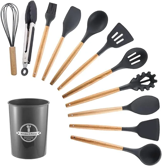 ست 12 تکه لوازم آشپزی سیلیکونی مقاوم در برابر حرارت با دسته های چوبی، فاقد BPA، ایمن و غیر سمی، ست کفگیر با سطل نگهداری (مشکی) ست 12 تکه لوازم آشپزی سیلیکونی مقاوم در برابر حرارت با دسته های چوبی، فاقد BPA، ایمن و غیر سمی، ست کفگیر با سطل نگهداری (مشکی)