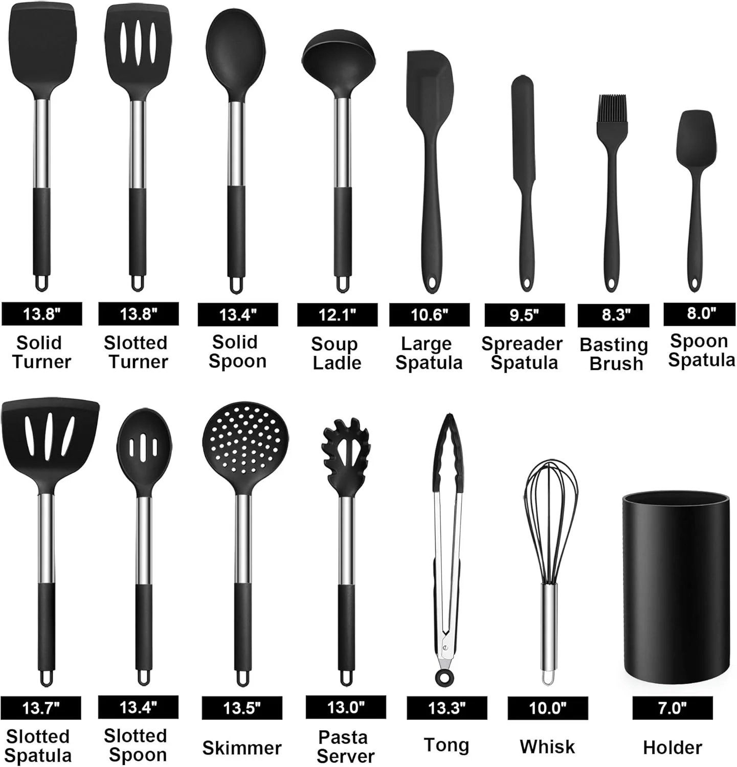 ست 15 تکه لوازم آشپزی LIANYU با استند، ابزار آشپزخانه سیلیکونی با دسته استیل ضد زنگ، کفگیر شکاف دار، قاشق، چنگک، همزن، برس برای پخت و پز، مشکی ست 15 تکه لوازم آشپزی LIANYU با استند، ابزار آشپزخانه سیلیکونی با دسته استیل ضد زنگ، کفگیر شکاف دار، قاشق، چنگک، همزن، برس برای پخت و پز، مشکی