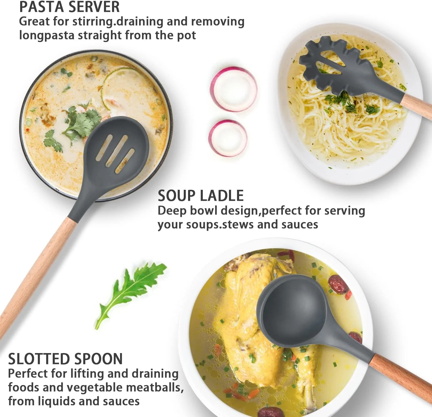 ست 12 تکه لوازم آشپزی سیلیکونی AWH ICVKRJ - مقاوم در برابر حرارت 230 درجه سانتیگراد، شامل کفگیر، انبر، لیسک، قاشق، برس، همزن، دسته چوبی خاکستری به همراه استند برای ظروف نچسب