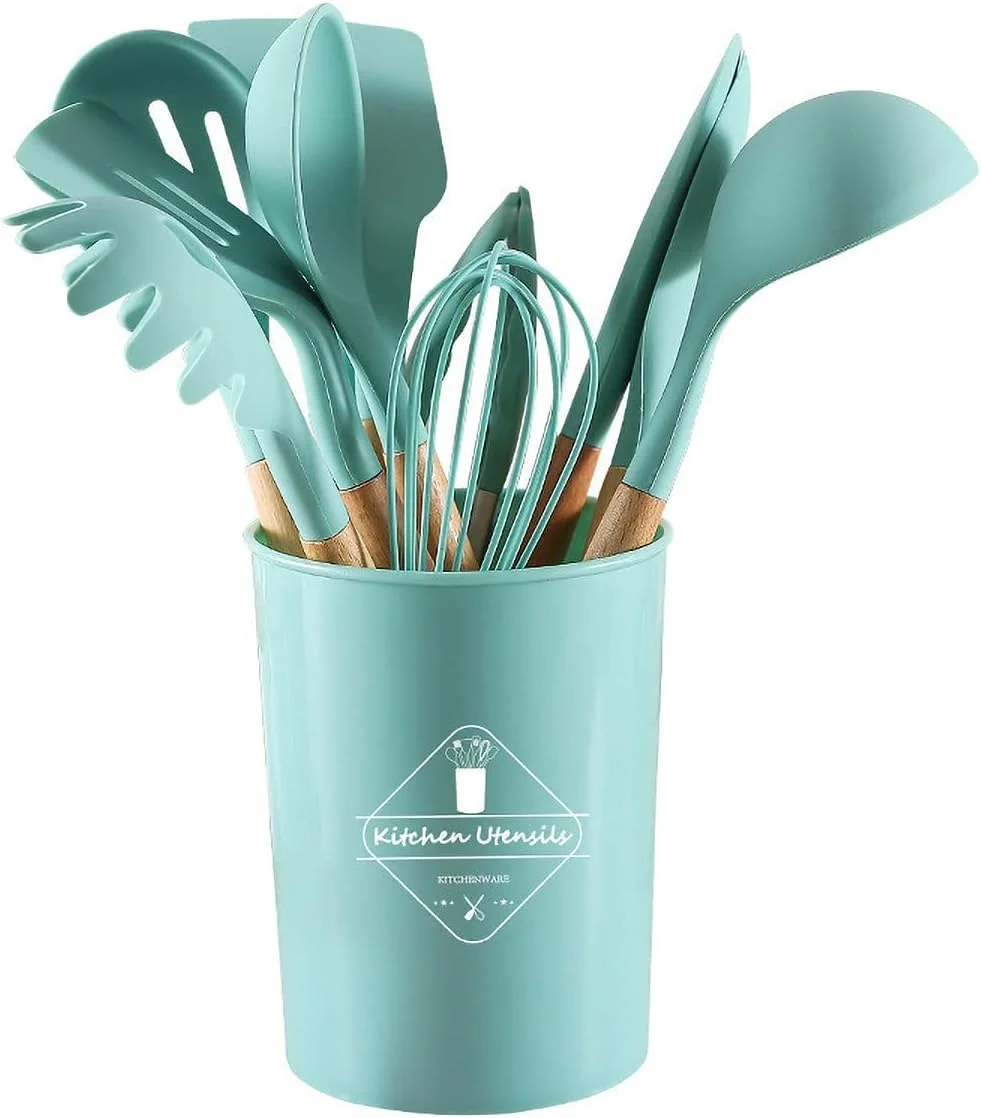 ست 12 تکه لوازم آشپزی سیلیکونی AWH Karangred با پایه نگهدارنده، ابزار آشپزی با دسته چوبی، بدون BPA و غیر سمی، شامل کفگیر، انبر، لیسک، قاشق و ابزار آشپزخانه مناسب برای ظروف نچسب (سبز)