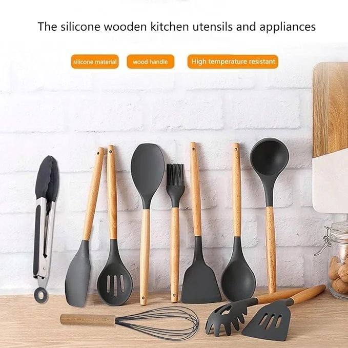 ست 12 تکه لوازم آشپزی سیلیکونی مقاوم در برابر حرارت با دسته های چوبی، فاقد BPA و دارای تاییدیه FDA، ست کفگیر نچسب و غیر سمی با سطل نگهداری (مشکی)