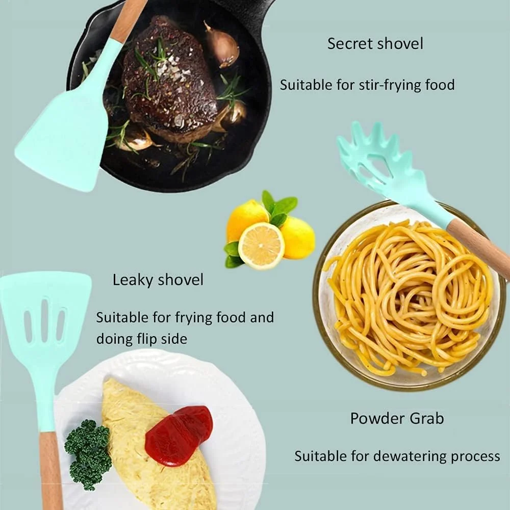 ست 12 تکه لوازم آشپزی سیلیکونی AWH Karangred با پایه نگهدارنده، ابزار آشپزی با دسته چوبی، بدون BPA و غیر سمی، شامل کفگیر، انبر، لیسک، قاشق و ابزار آشپزخانه مناسب برای ظروف نچسب (سبز)