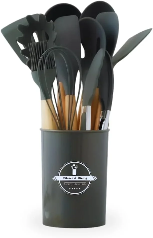 ست لوازم آشپزی - ست 12 تکه ظروف سیلیکونی آشپزی با نگهدارنده - مقاوم در برابر حرارت، فاقد BPA، ابزار آشپزخانه با دسته های چوبی برای ظروف نچسب - (خاکستری)