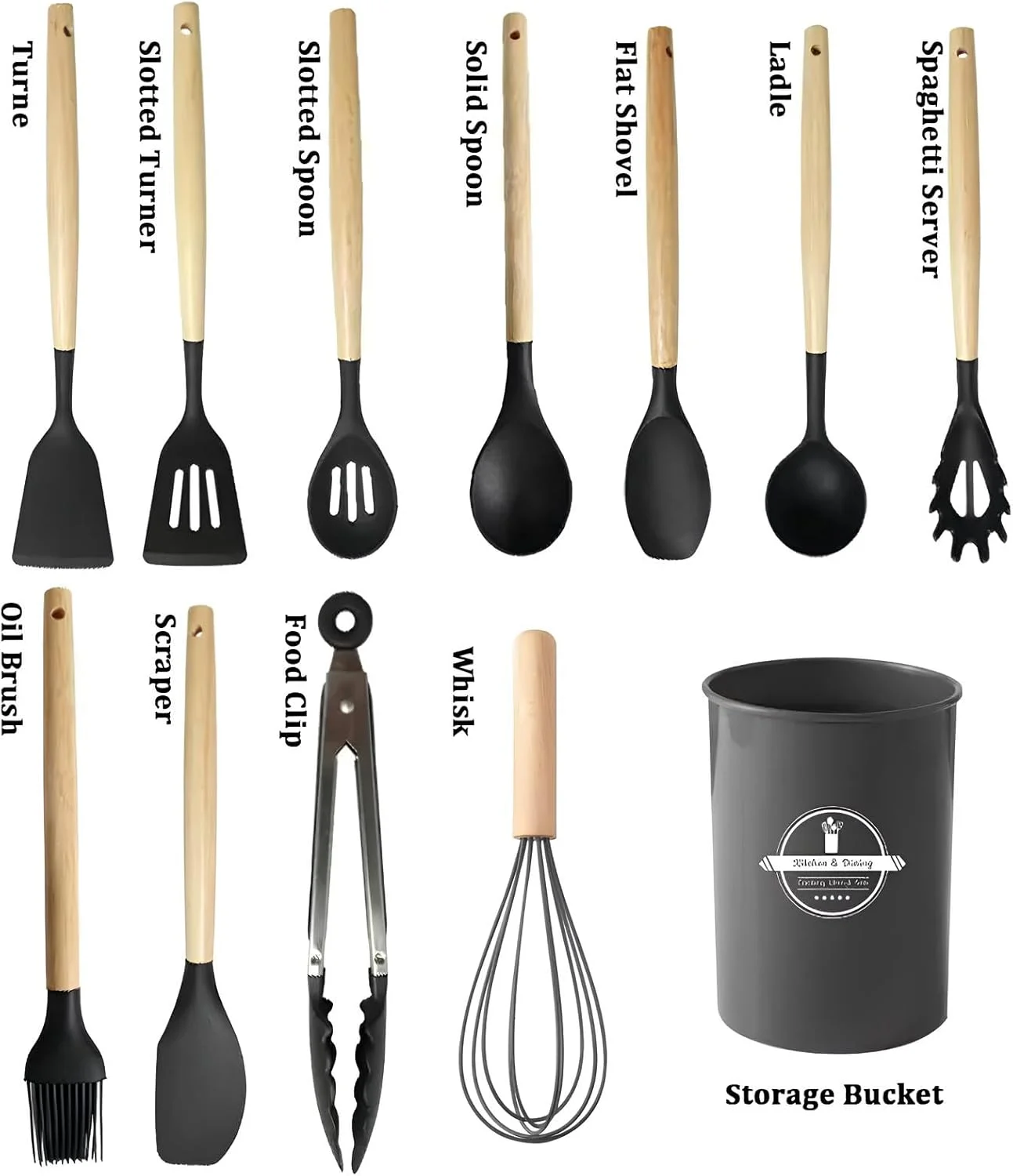 ست لوازم آشپزی - ست 12 تکه ظروف سیلیکونی آشپزی با نگهدارنده - مقاوم در برابر حرارت، فاقد BPA، ابزار آشپزخانه با دسته های چوبی برای ظروف نچسب - (خاکستری)