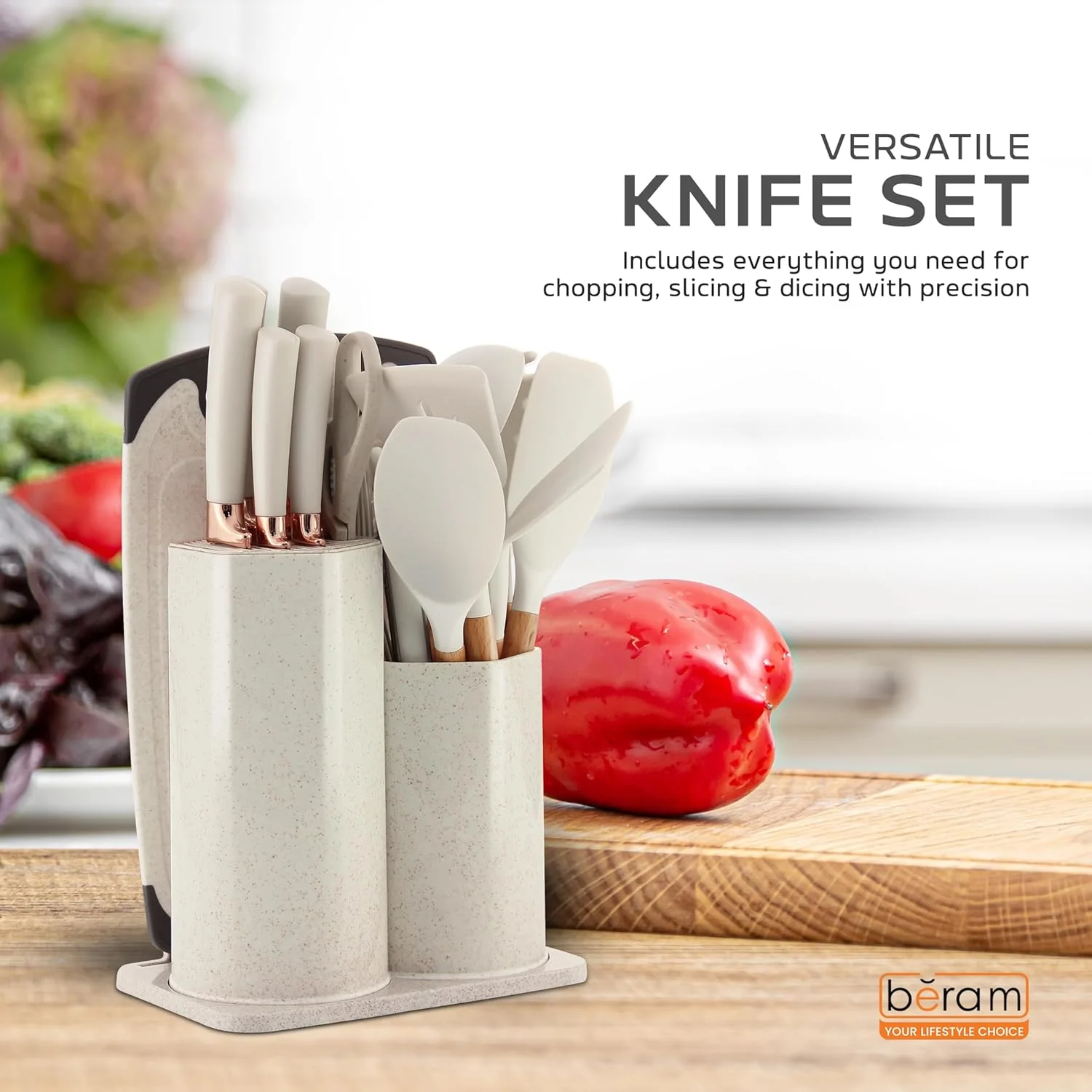 ست ۱۹ تکه ابزار آشپزی برام شامل انبر، قاشق، کفگیر و برگردان از جنس سیلیکون مقاوم در برابر حرارت با دسته‌های چوبی، ست چاقوهای آشپزخانه نچسب و ابزار، بژ