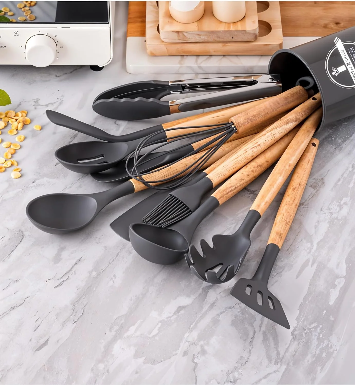 ست لوازم آشپزی - ست 12 تکه ابزار آشپزی سیلیکونی با نگهدارنده - مقاوم در برابر حرارت، فاقد BPA، ابزار آشپزخانه با دسته های چوبی برای ظروف نچسب - (خاکستری) ست لوازم آشپزی - ست 12 تکه ابزار آشپزی سیلیکونی با نگهدارنده - مقاوم در برابر حرارت، فاقد BPA، ابزار آشپزخانه با دسته های چوبی برای ظروف نچسب - (خاکستری)