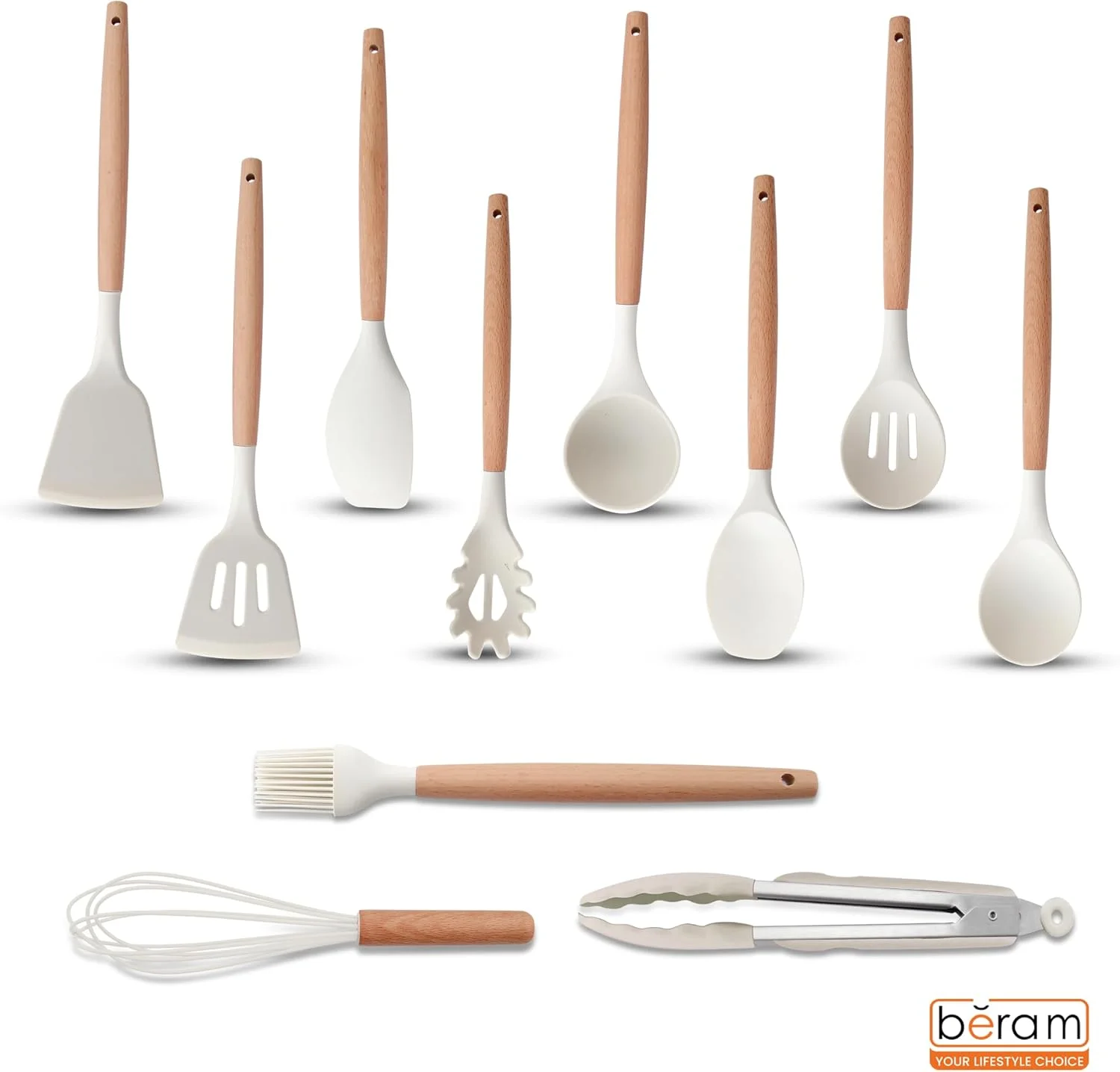 ست ۱۹ تکه ابزار آشپزی برام شامل انبر، قاشق، کفگیر و برگردان از جنس سیلیکون مقاوم در برابر حرارت با دسته‌های چوبی، ست چاقوهای آشپزخانه نچسب و ابزار، بژ
