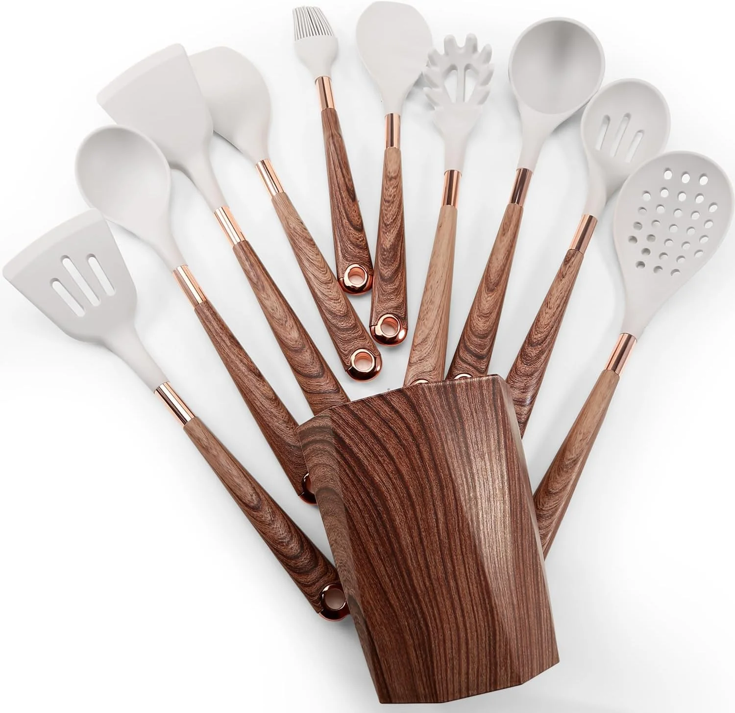 ست لوازم آشپزی سیلیکونی NALACAL، مجموعه 11 تکه ابزار و وسایل آشپزخانه، مناسب برای ظروف نچسب با دسته های چوبی، سری سیلیکونی با گرید غذایی (طرح چوب) ست لوازم آشپزی سیلیکونی NALACAL، مجموعه 11 تکه ابزار و وسایل آشپزخانه، مناسب برای ظروف نچسب با دسته های چوبی، سری سیلیکونی با گرید غذایی (طرح چوب)