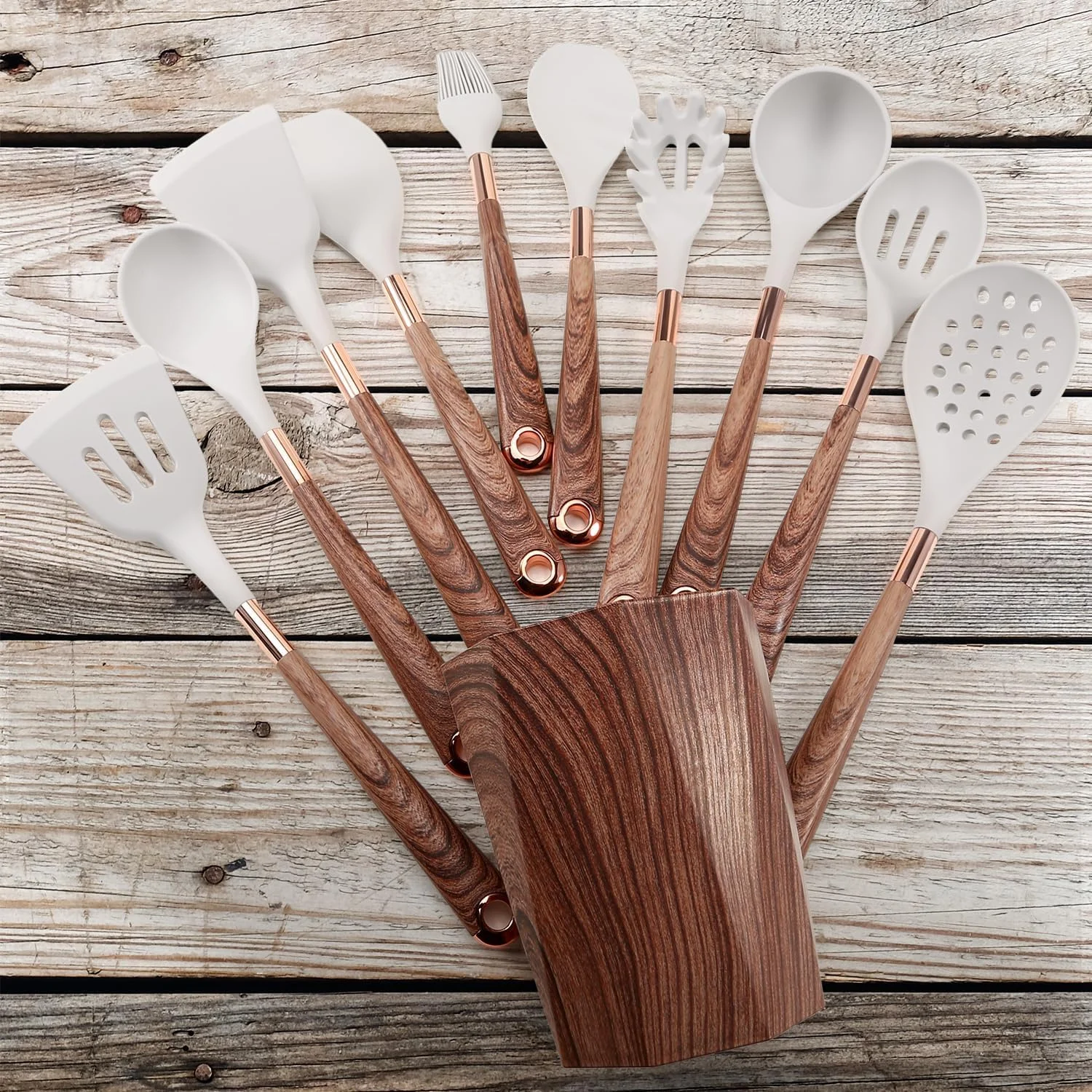 ست لوازم آشپزی سیلیکونی NALACAL، مجموعه 11 تکه ابزار و وسایل آشپزخانه، مناسب برای ظروف نچسب با دسته های چوبی، سری سیلیکونی با گرید غذایی (طرح چوب)