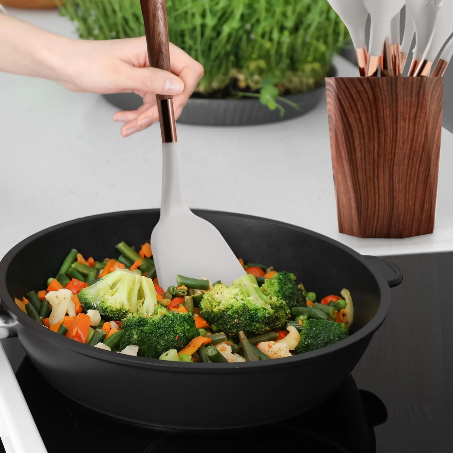 ست لوازم آشپزی سیلیکونی NALACAL، مجموعه 11 تکه ابزار و وسایل آشپزخانه، مناسب برای ظروف نچسب با دسته های چوبی، سری سیلیکونی با گرید غذایی (طرح چوب)