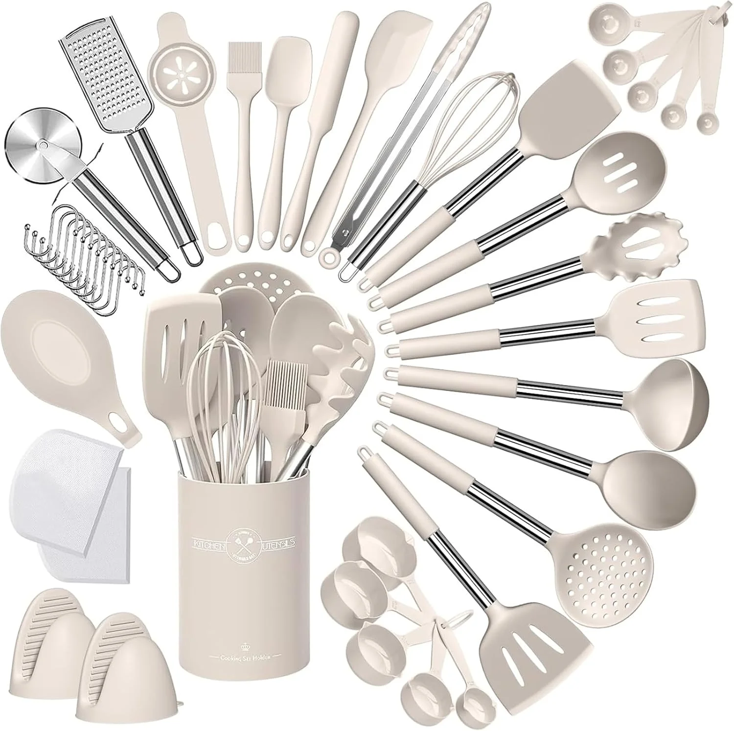 ست ۴۳ تکه لوازم آشپزی سیلیکونی MOTIM، ست کفگیر و ملاقه مقاوم در برابر حرارت و نچسب برای پخت و پز و مخلوط کردن (خاکی)