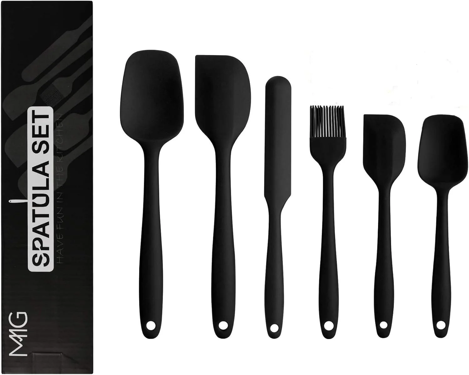 ست ۶ تکه کفگیر سیلیکونی MMG - ست لوازم آشپزخانه برای پخت و پز و مخلوط کردن، مقاوم در برابر حرارت تا 315 درجه سانتیگراد، نچسب، فاقد BPA و قابل شستشو در ماشین ظرفشویی (مشکی)