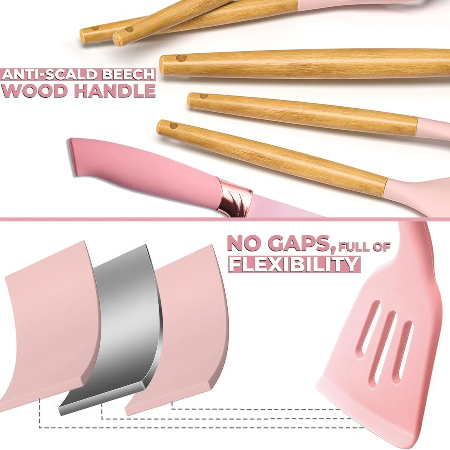 ست ۱۹ تکه لوازم آشپزی سیلیکونی مکس-ای‌ام‌ای - صورتی، مقاوم در برابر حرارت، شامل کفگیر به همراه پایه، لوازم آشپزخانه نچسب، فاقد BPA، قابل شستشو در ماشین ظرفشویی، مناسب برای خانه یا آپارتمان جدید