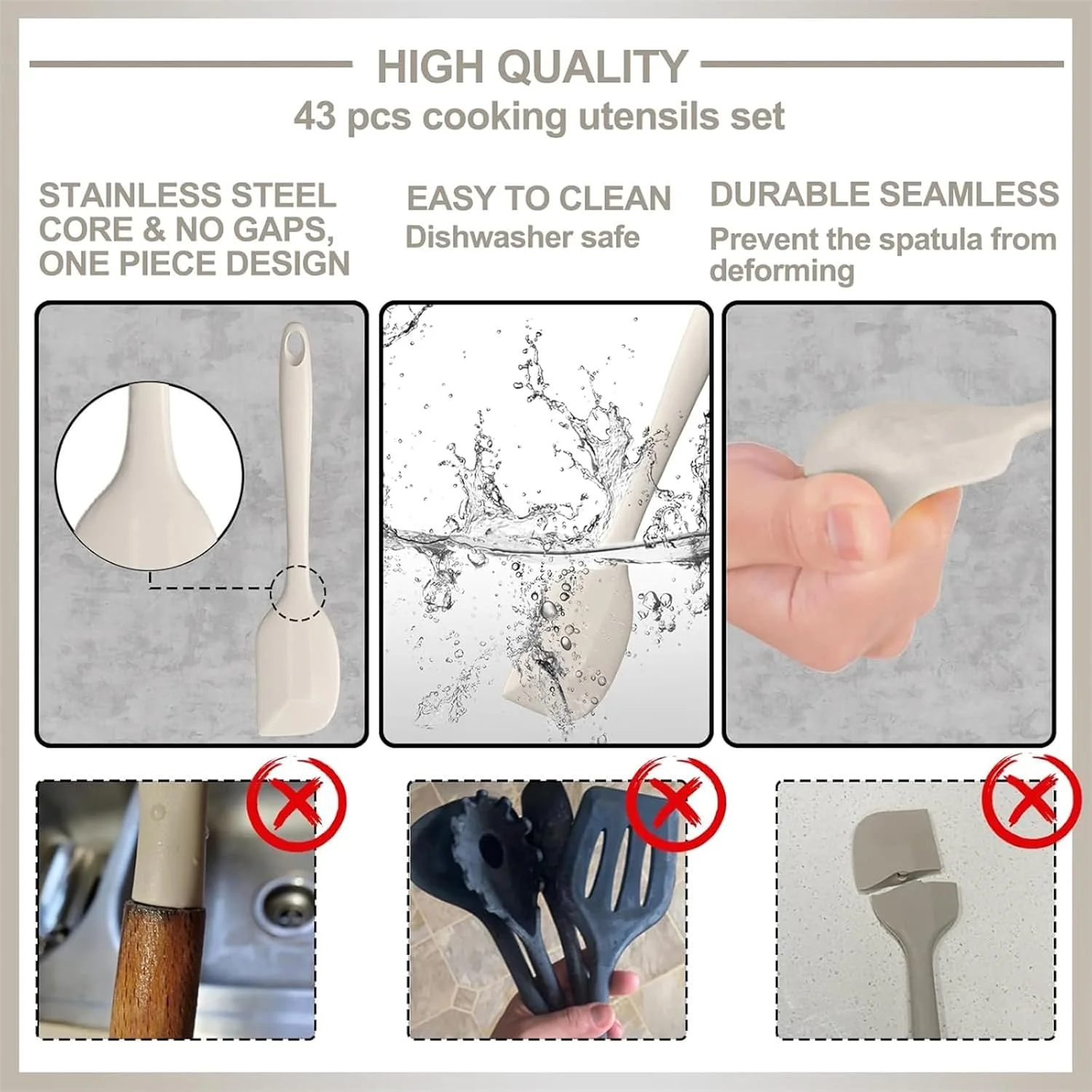 ست ۴۳ تکه لوازم آشپزی سیلیکونی MOTIM، ست کفگیر و ملاقه مقاوم در برابر حرارت و نچسب برای پخت و پز و مخلوط کردن (خاکی)