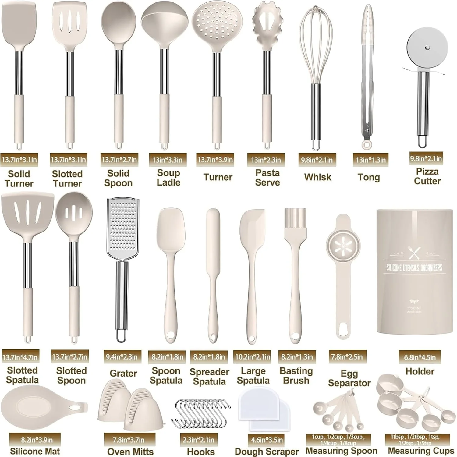 ست ۴۳ تکه لوازم آشپزی سیلیکونی MOTIM، ست کفگیر و ملاقه مقاوم در برابر حرارت و نچسب برای پخت و پز و مخلوط کردن (خاکی)