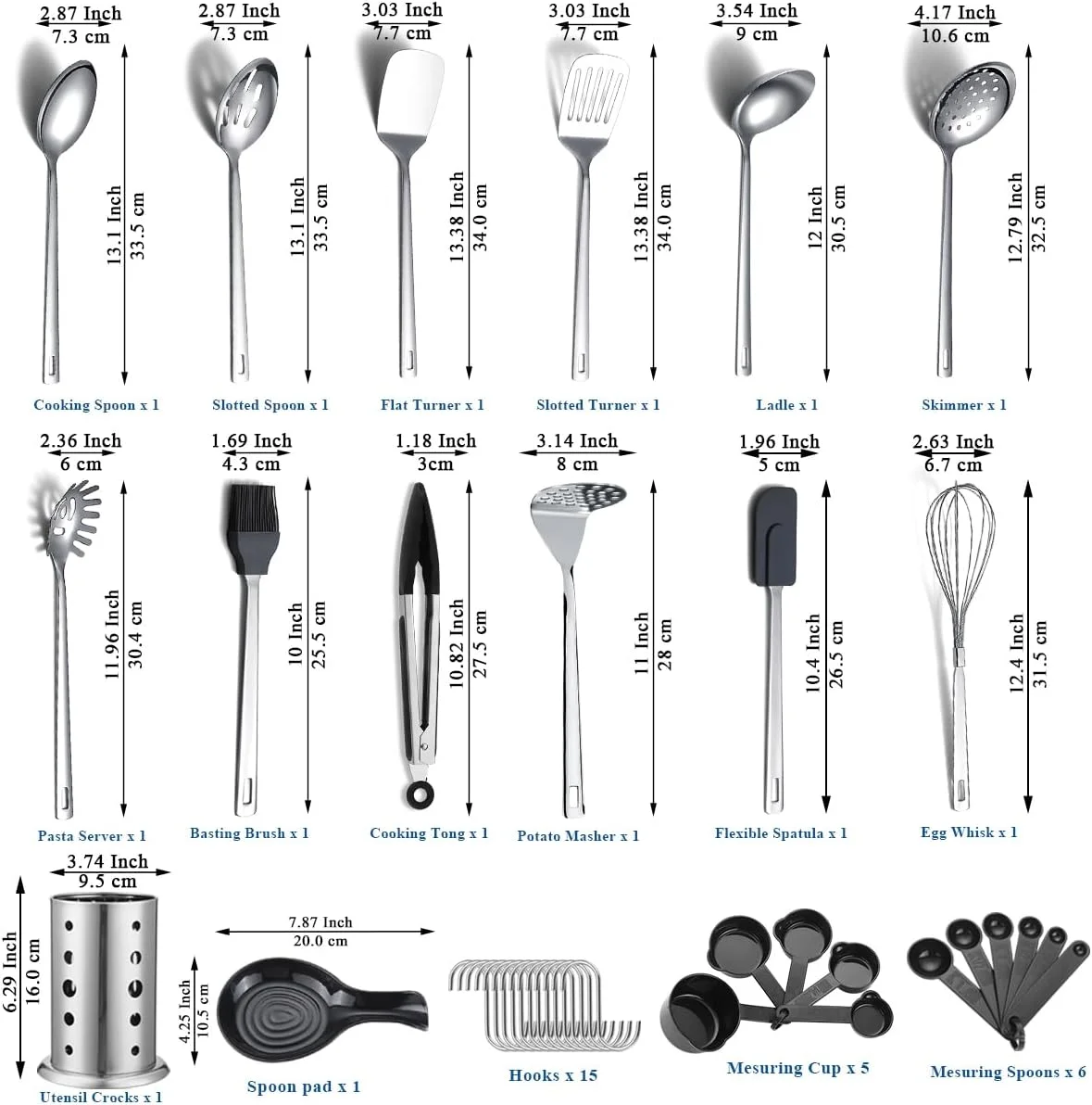 ست ۴۰ پارچه لوازم آشپزخانه استیل ضد زنگ، ست ابزار آشپزی به همراه جا ابزاری، لوازم جانبی ضروری آشپزخانه برای خانه جدید، آپارتمان، وسایل ضروری، ست کفگیر فلزی ست ۴۰ پارچه لوازم آشپزخانه استیل ضد زنگ، ست ابزار آشپزی به همراه جا ابزاری، لوازم جانبی ضروری آشپزخانه برای خانه جدید، آپارتمان، وسایل ضروری، ست کفگیر فلزی