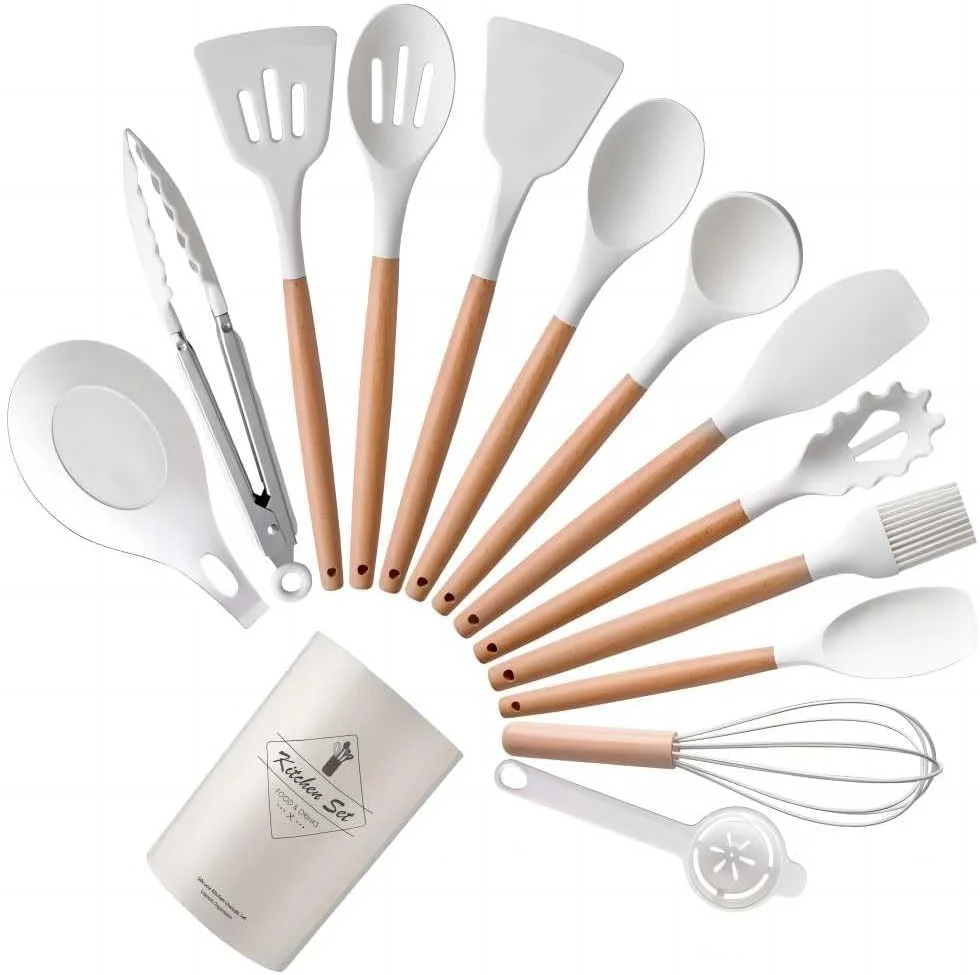 ست ۱۴ تکه ظروف آشپزی سیلیکونی Randx، قاشق های چوبی مقاوم در برابر حرارت، ابزار آشپزی برای ظروف نچسب