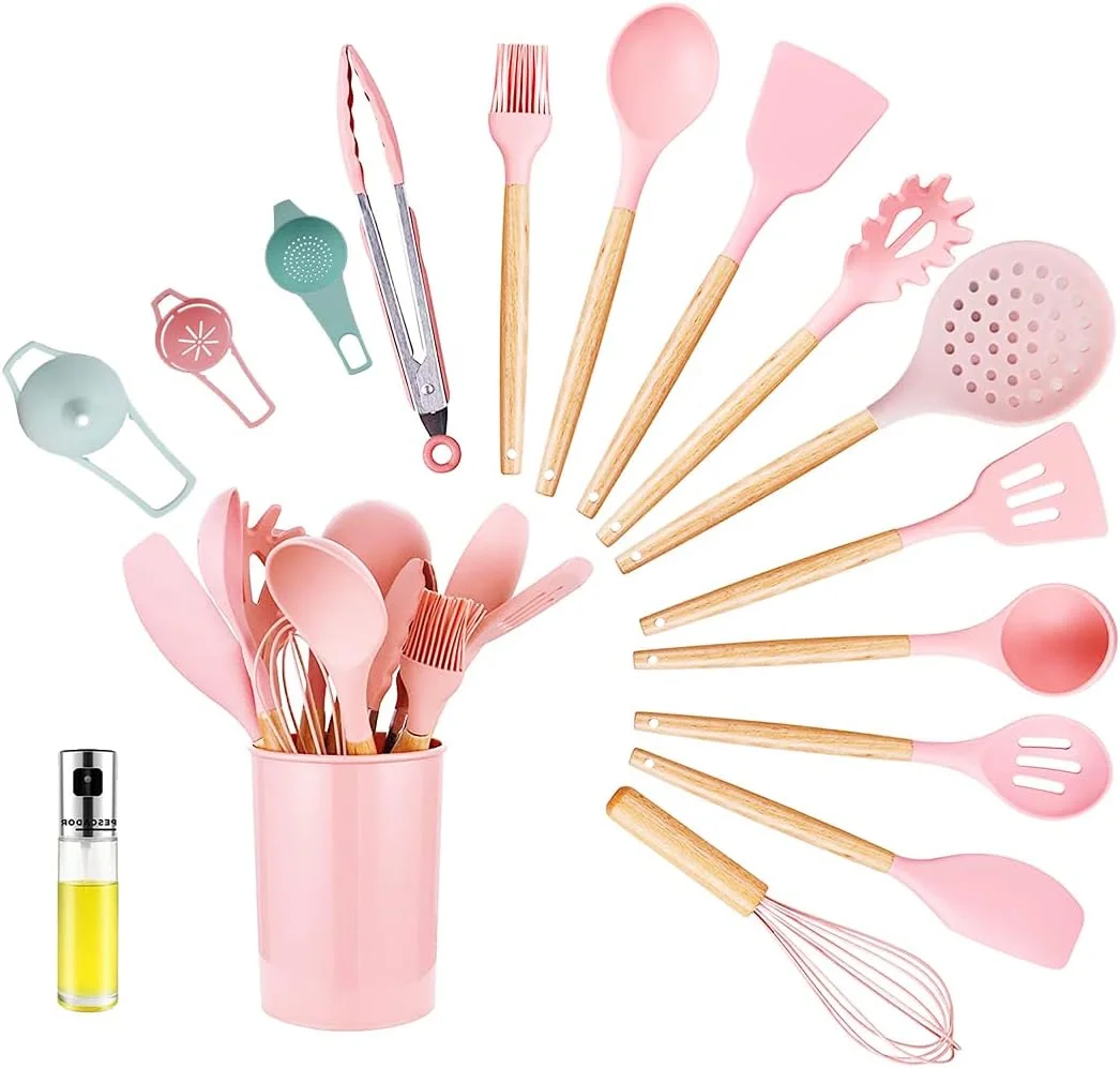 ست 16 تکه ابزار آشپزی سیلیکونی PESCADOR با دسته چوبی، مناسب ظروف نچسب، شامل کفگیر، انبر، قاشق و غیره (صورتی) ست 16 تکه ابزار آشپزی سیلیکونی PESCADOR با دسته چوبی، مناسب ظروف نچسب، شامل کفگیر، انبر، قاشق و غیره (صورتی)