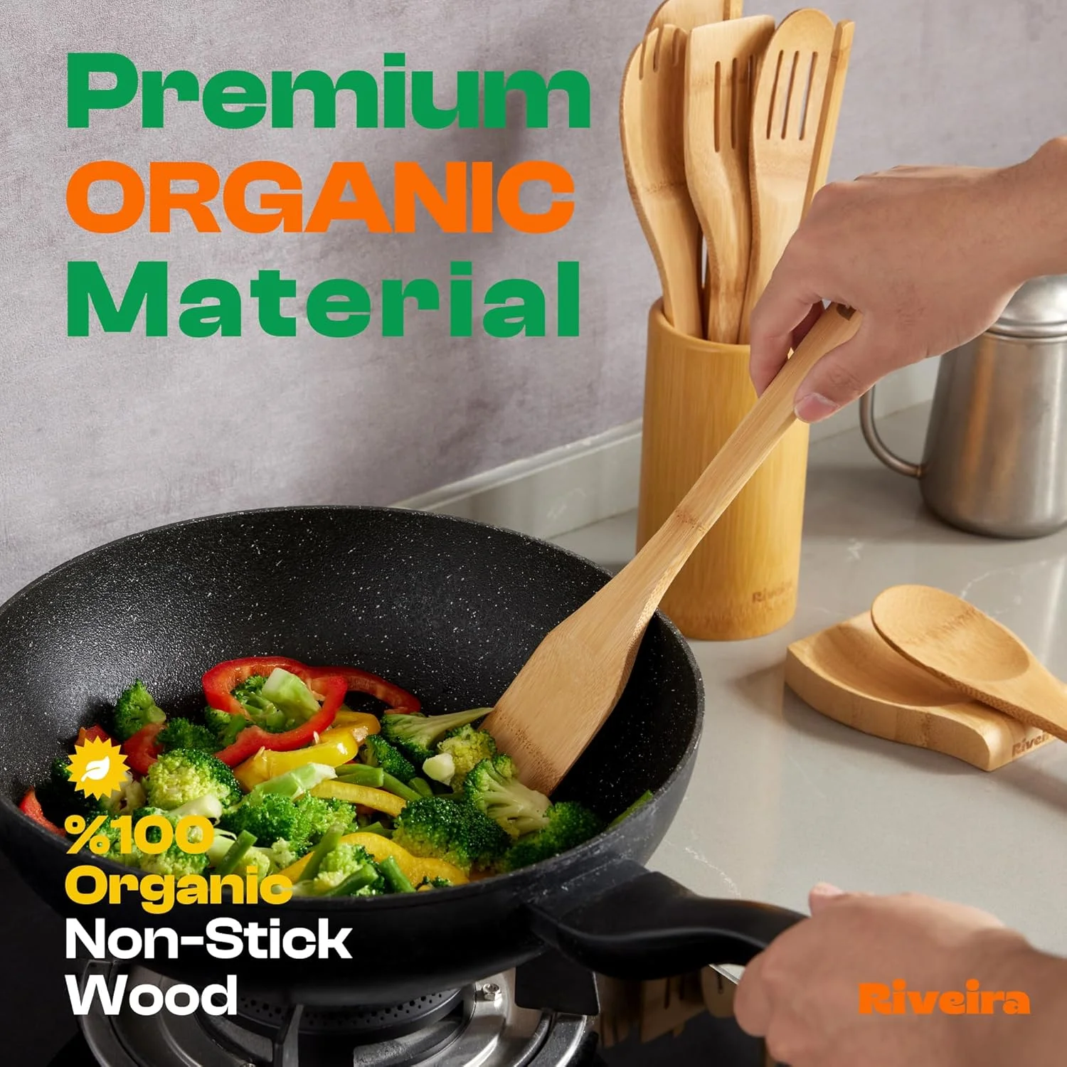 ست ۶ تکه قاشق چوبی بامبو Riveira برای پخت و پز، ست کفگیر و قاشق چوبی ضروری آپارتمان، ست لوازم آشپزخانه نچسب با کیفیت عالی، هدیه مناسب برای خانه نویی و استفاده روزمره