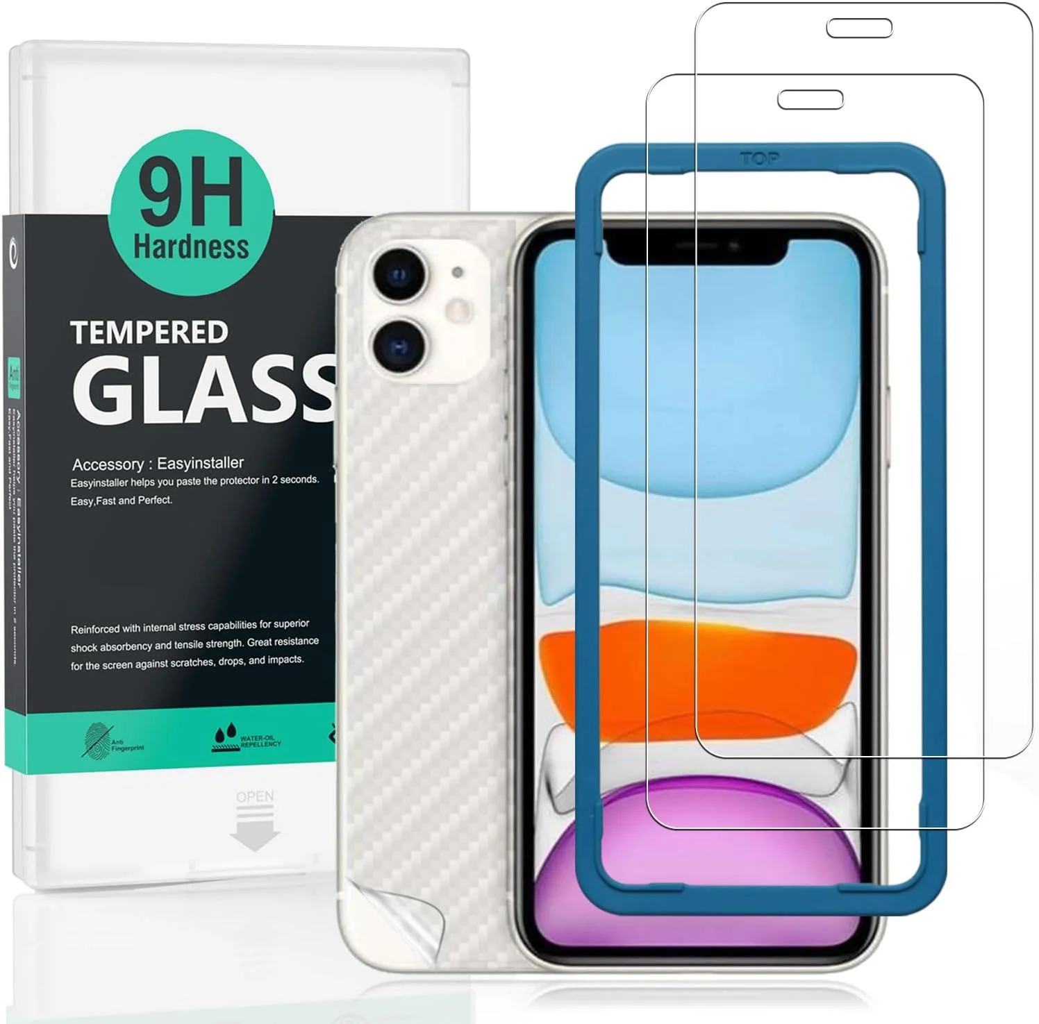 محافظ صفحه نمایش شیشه ای حرارت دیده با سختی 9H برای آیفون 11/XR سایز 6.1 اینچ، 2 عدد به همراه 2 عدد محافظ پشت گوشی فیبر کربنی، نصب آسان محافظ صفحه نمایش شیشه ای حرارت دیده با سختی 9H برای آیفون 11/XR سایز 6.1 اینچ، 2 عدد به همراه 2 عدد محافظ پشت گوشی فیبر کربنی، نصب آسان