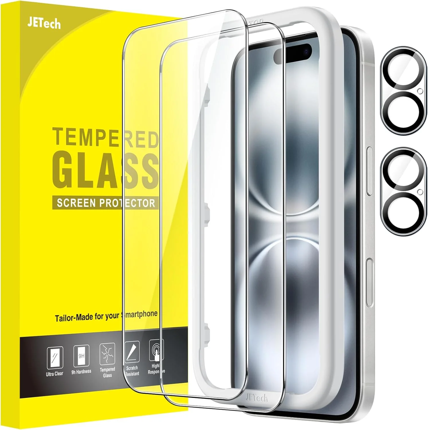 محافظ صفحه نمایش JETech برای آیفون 16 6.1 اینچی به همراه محافظ لنز دوربین، ابزار نصب آسان، فیلم شیشه ای حرارت دیده، شفافیت HD، 2 عدد در هر بسته محافظ صفحه نمایش JETech برای آیفون 16 6.1 اینچی به همراه محافظ لنز دوربین، ابزار نصب آسان، فیلم شیشه ای حرارت دیده، شفافیت HD، 2 عدد در هر بسته