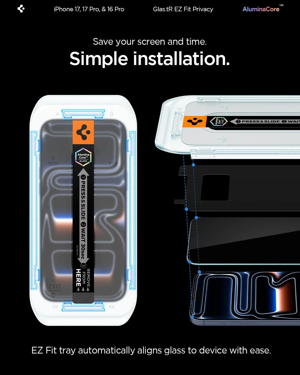 محافظ صفحه نمایش شیشه ای حرارت دیده ممتاز حریم خصوصی Spigen GLAStR EZ FIT برای آیفون 17 پرو | آیفون 17 | آیفون 16 پرو با فناوری تراز خودکار - [بسته 2 عددی]