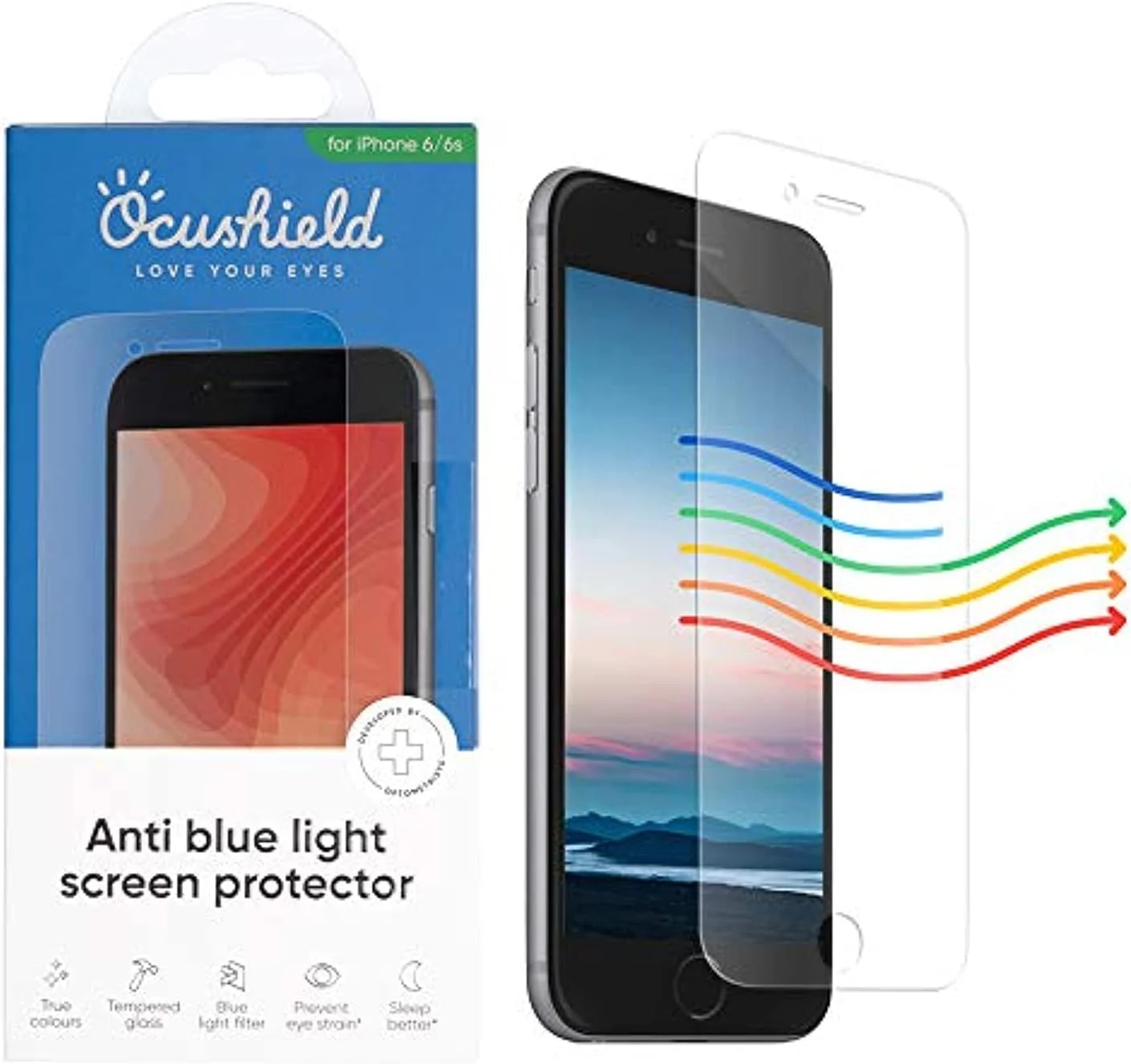محافظ صفحه نمایش شیشه ای حرارت دیده آنتی بلو لایت Ocushield برای Apple iPhone 6/6S - دستگاه پزشکی معتبر - از چشمان خود برای خواب بهتر محافظت کنید محافظ صفحه نمایش شیشه ای حرارت دیده آنتی بلو لایت Ocushield برای Apple iPhone 6/6S - دستگاه پزشکی معتبر - از چشمان خود برای خواب بهتر محافظت کنید