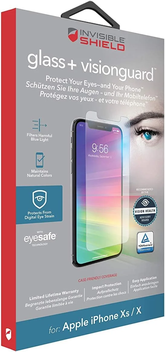 محافظ صفحه نمایش شیشه ای ZAGG InvisibleShield Glass+ VisionGuard - مسدود کننده 99% نور UV و نور آبی دستگاه شما - ساخته شده برای Apple iPhone X/Xs 200101942