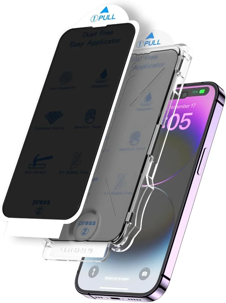 محافظ صفحه نمایش شیشه ای حریم خصوصی سازگار با آیفون 15 پرو (2 عددی)، [کیت ضد گرد و غبار] شیشه حرارت دیده 6.1 اینچی [موقعیت یابی خودکار] نصب آسان پوشش کامل ضد اثر انگشت