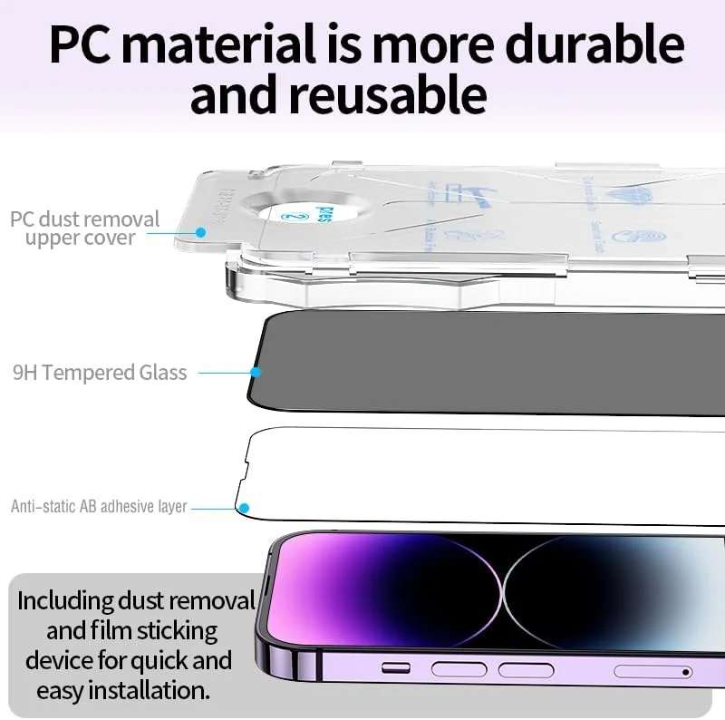 محافظ صفحه نمایش شیشه ای حریم خصوصی سازگار با آیفون 15 پرو (2 عددی)، [کیت ضد گرد و غبار] شیشه حرارت دیده 6.1 اینچی [موقعیت یابی خودکار] نصب آسان پوشش کامل ضد اثر انگشت