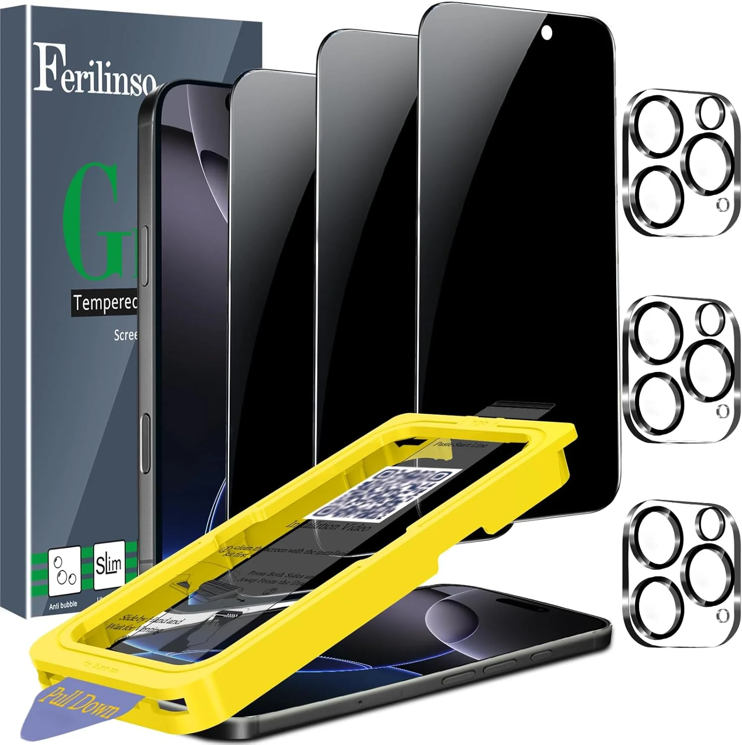 محافظ صفحه نمایش حریم خصوصی Ferilinso [نصب خودکار گرد و غبار] بسته 3 عددی برای آیفون 16 پرو مکس [مناسب قاب گوشی]، 3 عدد لوازم جانبی لنز دوربین شیشه ای حرارت دیده برای اپل
