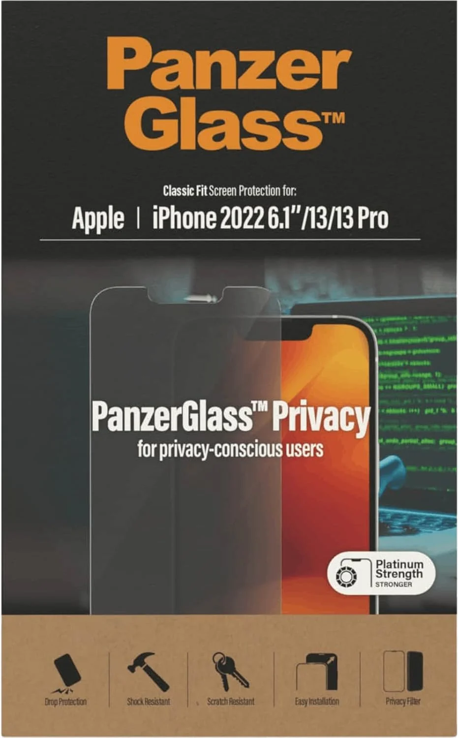 محافظ صفحه نمایش حریم خصوصی PanzerGlass CLASSIC FIT برای Apple iPhone 14 2022 6.1 اینچ - فیلتر حریم خصوصی شیشه ای مقاوم با پوشش ضد میکروبی، سازگار با قاب، استحکام الماس - شفاف
