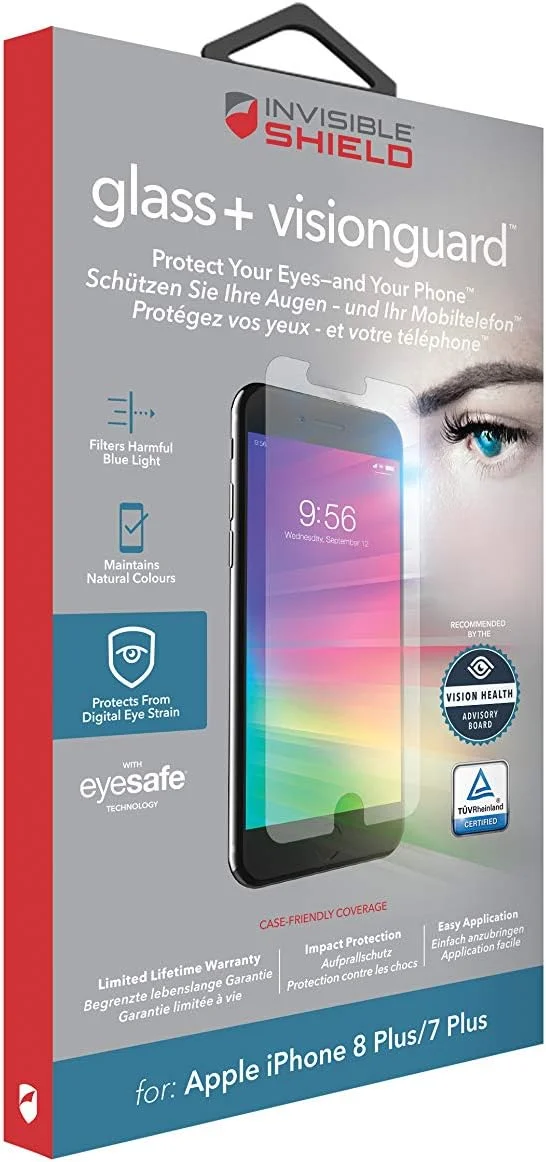 محافظ صفحه نمایش شیشه ای ZAGG InvisibleShield Glass+ VisionGuard برای تلفن همراه، Apple iPhone iP8 Plus/iP7 Plus/iP6 Plus/iP6s Plus شفاف محافظ صفحه نمایش شیشه ای ZAGG InvisibleShield Glass+ VisionGuard برای تلفن همراه، Apple iPhone iP8 Plus/iP7 Plus/iP6 Plus/iP6s Plus شفاف