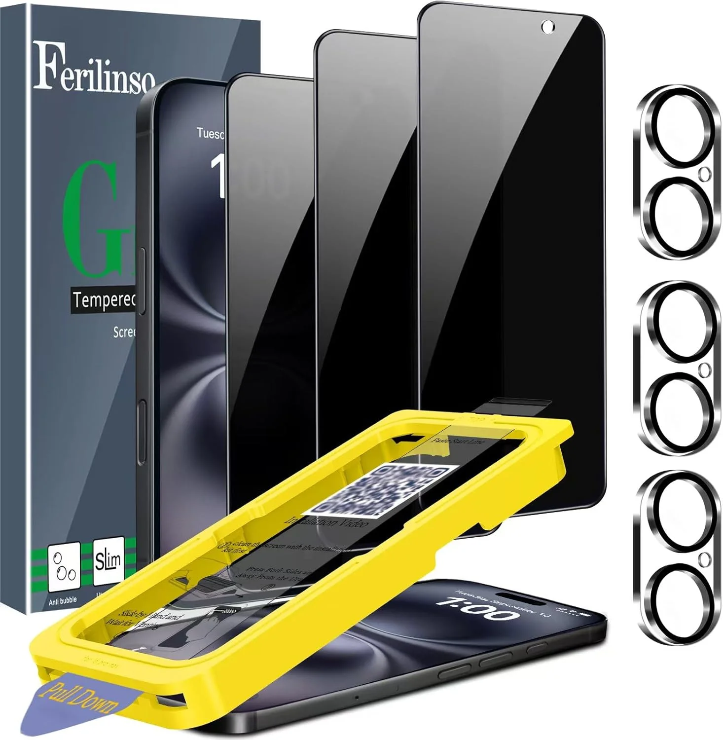 محافظ صفحه نمایش حریم خصوصی Ferilinso با پوشش کامل، بسته 3 عددی، برای آیفون پلاس [مناسب برای قاب گوشی 16 FT]، 3 عدد محافظ لنز دوربین شیشه ای حرارت دیده برای اپل