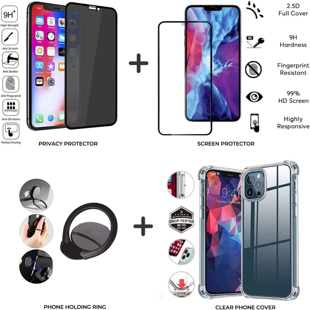 (بسته 4 عددی) محافظ صفحه نمایش شیشه ای حرارت دیده برای آیفون 13 پرو، حریم خصوصی، قاب محافظ شفاف با جذب شوک ضد خش، حلقه مغناطیسی تلفن (بسته 4 عددی) محافظ صفحه نمایش شیشه ای حرارت دیده برای آیفون 13 پرو، حریم خصوصی، قاب محافظ شفاف با جذب شوک ضد خش، حلقه مغناطیسی تلفن