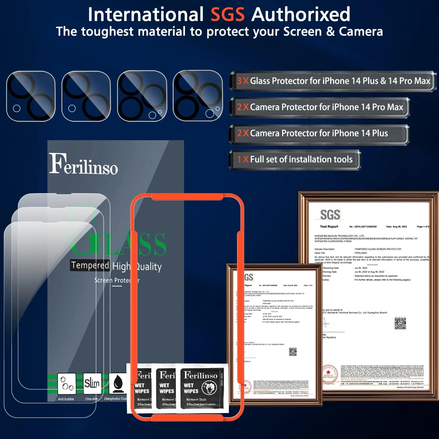 محافظ صفحه نمایش 3 عددی Ferilinso برای آیفون 14 پلاس و آیفون 14 پرو مکس به همراه 2 عدد محافظ لنز دوربین شیشه ای حرارت دیده، لوازم جانبی سازگار با قاب گوشی برای اپل 14 پلاس پرو مکس